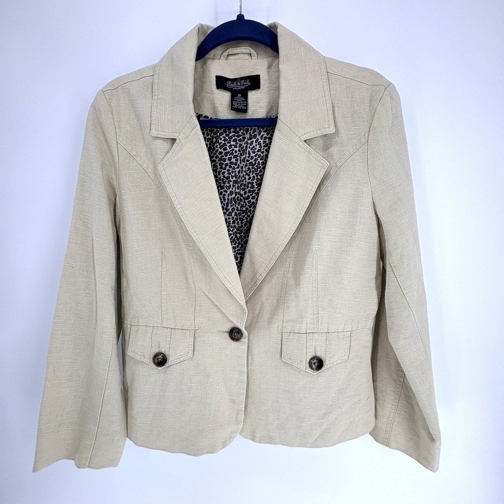 Vintage Linen Blazer Womens 10‎ Tan Single Button Belted Back Peck & Peck
